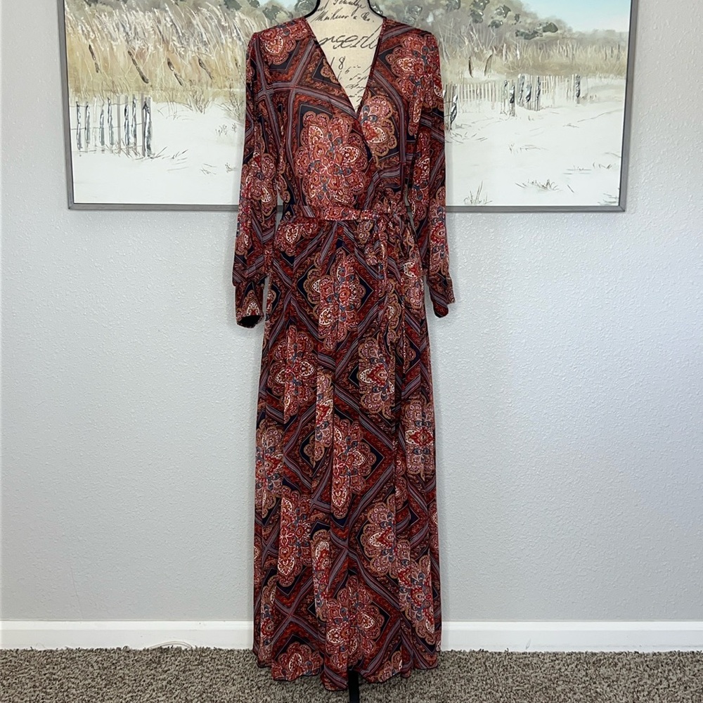 Kate And Lily Chiffon Faux Wrap Dress In Mandala Red Long Peakaboo Cuff Sleeves